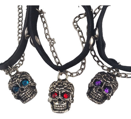 Set X3 Gargantillas Choker En Cuero Y Taches, Dije Calavera 