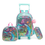 Kit Mochila De Rodinhas Escolar Infantil Meninas Reforçada 