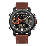 Reloj De Pulsera Naviforce Nf9172 De Cuerpo Color Negro, Analógico-digital, Fondo Negro, Con Correa De Cuero Color Marrón, Agujas Color Plateado, Blanco Y Naranja, Dial Blanco Y Naranja, Minutero/segu