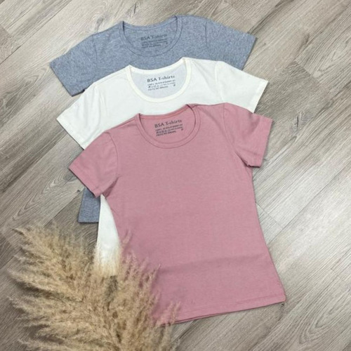 Kit 3 Blusas Lisa Moda Feminina T-shirt Camiseta Baby Look