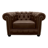 Poltrona Decorativa Pés Madeira Chesterfield Couro Capucino Cor Marrom-escuro