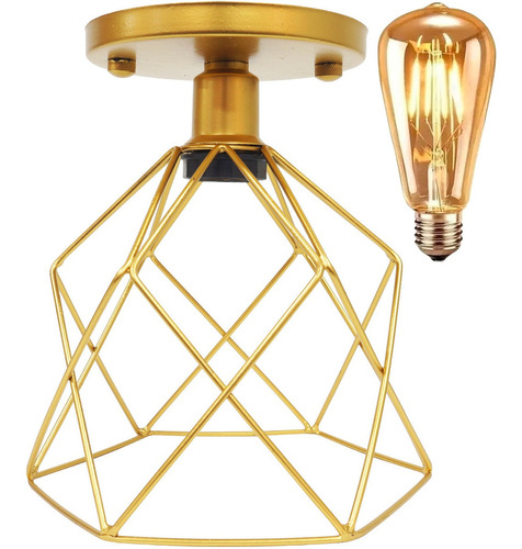 Lustre Plafon Lâmpada Led Industrial Aramado Cálice Retrô Cor Dourado