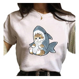 Camiseta De Moda Para Mujer Sudadera Gato Con Disfraz Tiburó