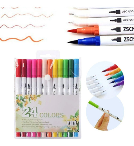 Caneta Brush Pen 24 Cores Duas Pontas Pincel Fina