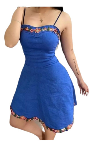 Vestido Mezclilla Corto Para Mujer Con Tirantes Y Bordado 