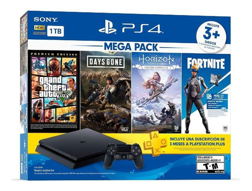 Sony Playstation 4 Slim 1tb Mega Pack: Grand Theft Auto V Premium Edition/days Gone/horizon Zero Dawn Complete Edition/fortnite Cor  Preto Onyx