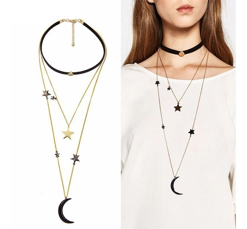 Collar De Tres Capas De Estrella Y Luna Choker Dorada Mujer