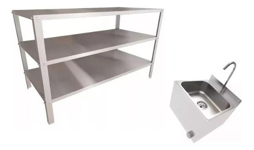 Lavatório Para Mãos + Mesa 2 Prateleiras Inox Cozinha