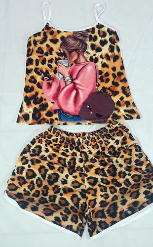 Pijama De  Dama ,  Coffe Leopardo,  Short Y Blusa