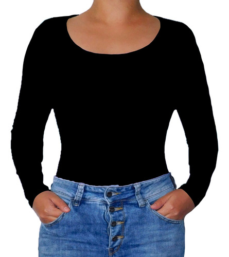 Blusa Body Escotado Escote Redondo Manga Larga Moda Básica