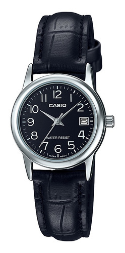 Reloj Fashion Casio Ltp-v002l-1budf Pulso Cuero Para Mujer Correa Negro Bisel Plateado Fondo Negro Ltp-v002l-1b