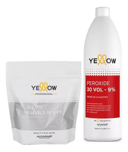  Yellow Polvo Decolorante 9 Niveles 500g + Peróxido 1 L Tono Tono 9