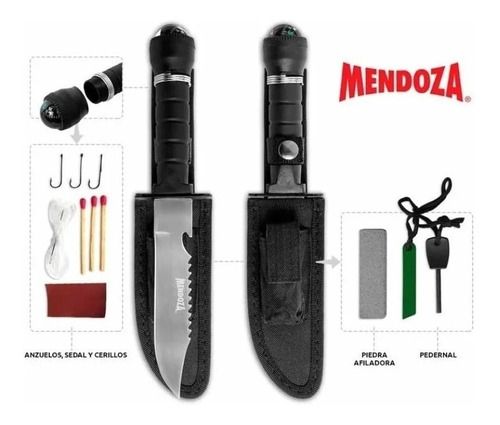Cuchillo Con Kit De Supervivencia Y Brújula Mendoza Mc-005 Color Negro