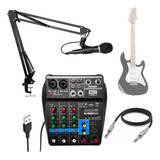 Kit Mesa Som Mx-4 Canais Bt + Microfone + Cabo P10 Guitarra