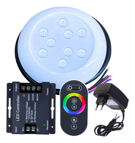 Kit 01 Luminária Piscina Led 9w 80mm Rgb + Comando + Fonte