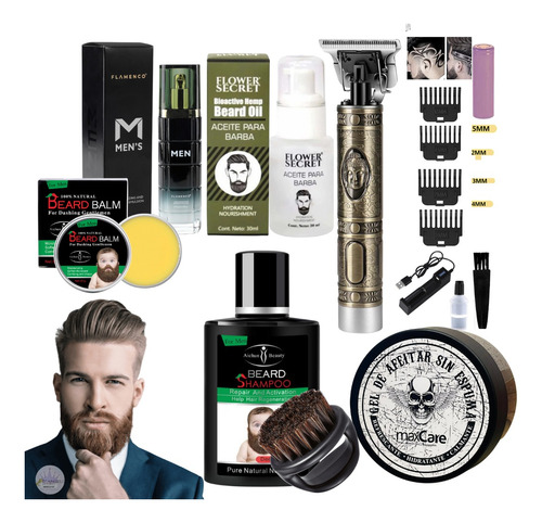 Kit Barbería Aceite Barba Bálsamo Shampoo Gel Cepillo Loción