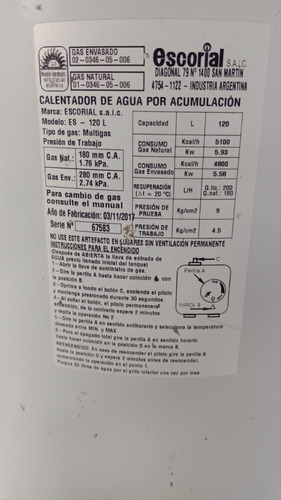 Termo A Gas Escorial ,dual,capacidad 120 Lts,6 Meses De Uso.