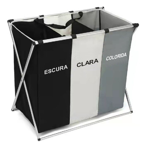 Cesto De Roupa Suja Dobrável Organizador 3 Compartimentos Cor Preto/branco/cinza