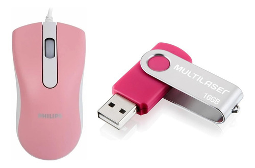 Kit Mouse Philips + Pendrive 16gb Rosa - Combo Pc Notebook