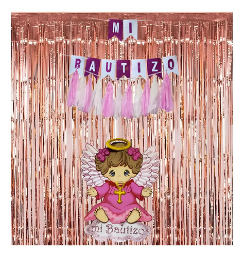 Kit Decorativo Mi Bautizo Banner, Cortina, Guirnaldas Fiesta