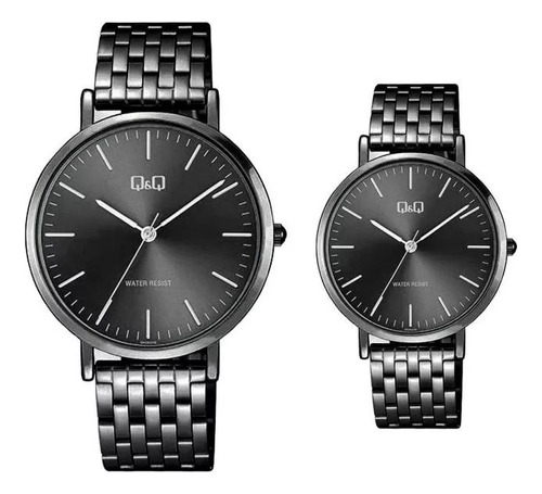 Relojes Pareja Duo Qyq Acero Pv Análogos Quartz Q&q Estuche 