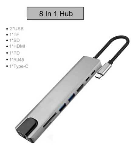 Adaptador Multipuerto Hub Tipo C 8 En 1 Hdmi Rj45 Usb Sd Td