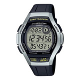 Reloj Casio Digital Sport Step Tracker Original Time Square Color De La Correa Negro Color Del Bisel Plateado Color Del Fondo Negro