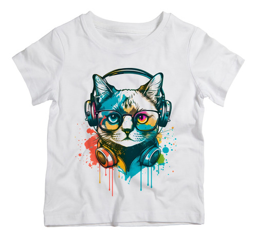 Camiseta Infantil Bco Gato Pose Estilo Colorido Oculos Fone