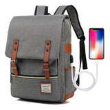 Mochila Vintage Para Pc Portatil Con Puerto Usb - Gris