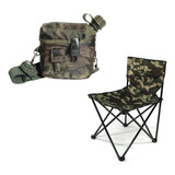 Kit Cadeira Dobrável Camping E Pesca + Cantil 1,8 Lts Camufl