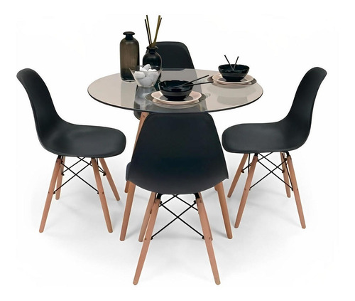 Comedor Mesa Eames Vidrio 80cm + 4 Sillas Eames Negras