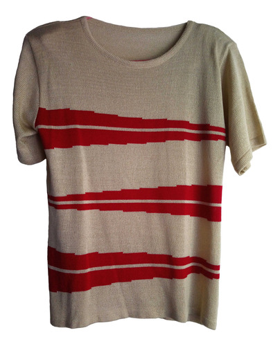 Remera Beige Con Rojo De Hilo Vintage T47 (con Detalle)