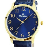 Relógio Masculino Dourado Champion Couro Azul Grande +