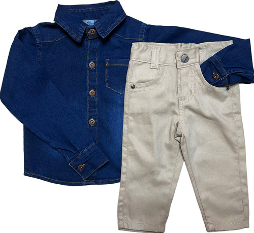 Conjunto Camisa Jeans Social Infantil Menino Criança Luxo