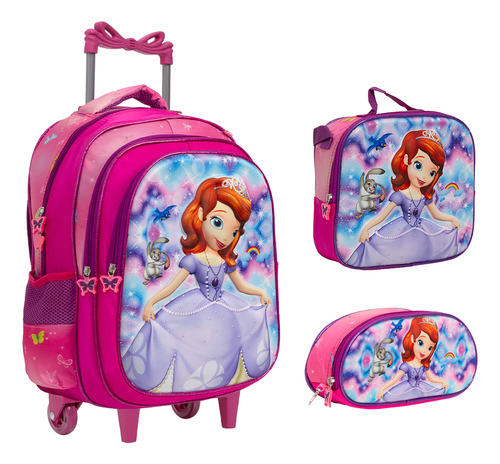 Kit Bolsa Escolar Feminina Princesa Sofia Carrinho Reforçada