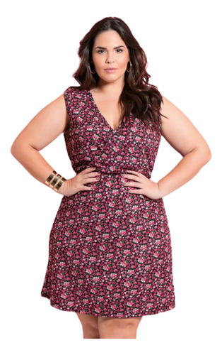 Vestido Transpassado Curto Decote V Estampado Plus Size