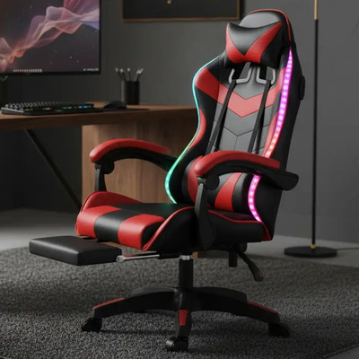 Silla Gamer Con Luz Led Rgb Masajes De 2 Puntos Bocinas Bluetooth Giratoria Reclinable Reposapiés Reposacabezas Cojín Lumbar, Granleyelé Reclinable Giratoria Ergonómica-Rojo Negro. | Envío gratis