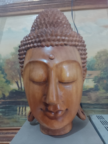 Escultura Buda Cabeça Madeira Talhada 28cm