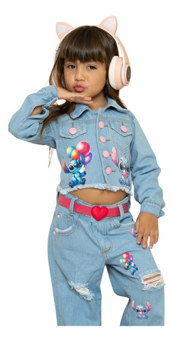 Conjunto Jeans Infantil Calça, Jaqueta E Cinto Stitch 