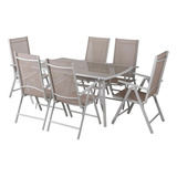 Set Comedor Exterior Mesa Aluminio Vidrio 6 Sillas Plegables