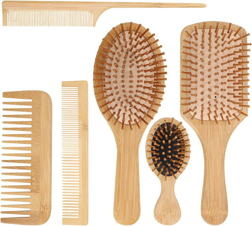 Kit De Cepillo Y Peine De Bambú Anti Frizz, 6 Piezas