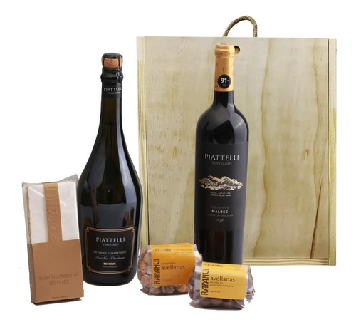 Estuche Madera Regalo Piattelli Espumante + Vino + Rapanui