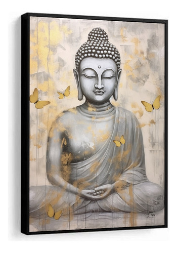 Quadro Decorativo Buda Religiao Dourado Abstrato Com Moldura