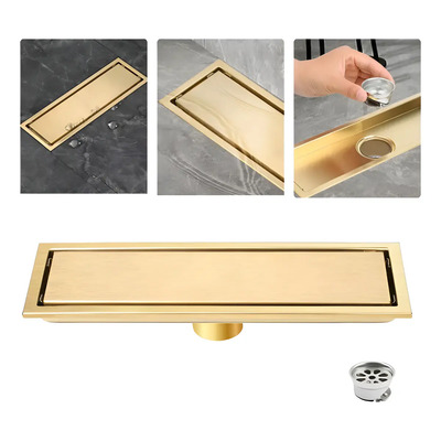 Coladera Lineal De Lujo 10×40cm Doble Vista Dorado Satinado，Rejilla de drenaje de acero inoxidable, filtro lineal, filtro de agua rectangular de acero inoxidable para baño, cocina, piscina y ducha | Envío gratis