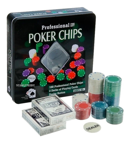 Poker Fichas X100 + 2 Mazos + Dealer En Lata Scarlet - 11638