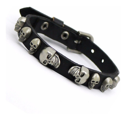 Pulseira Caveiras Viking Bracelete Couro Crânios Ajustável