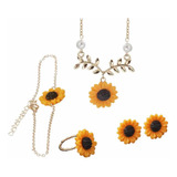 Kit Juego Collar Aretes Pulsera Anillo Girasol Inoxidable