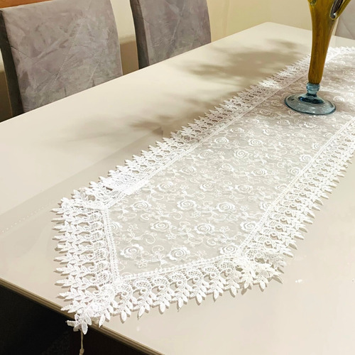 Caminho De Mesa Bordado Guipir 40x220cm Trilho Renda Croche Cor Branco