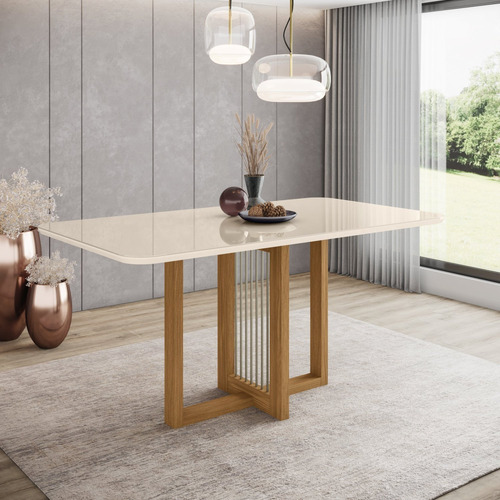 Mesa De Jantar 6 Lugares 160cm Tampo Mdf E Vidro Canto Wt