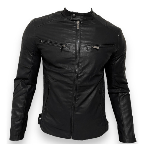 Chamarra Vini Piel Slim Fit Moda Hombre Tipo Biker Negro